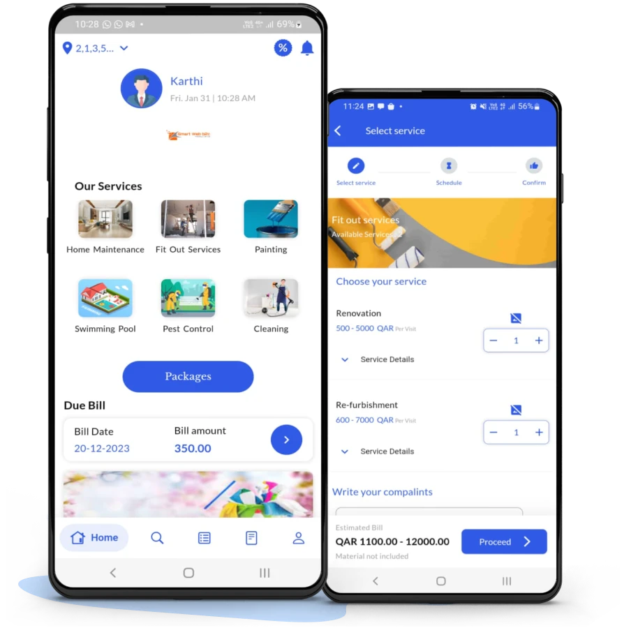 Home maintenance requester app dashboard for booking services, tracking requests and approving quotations