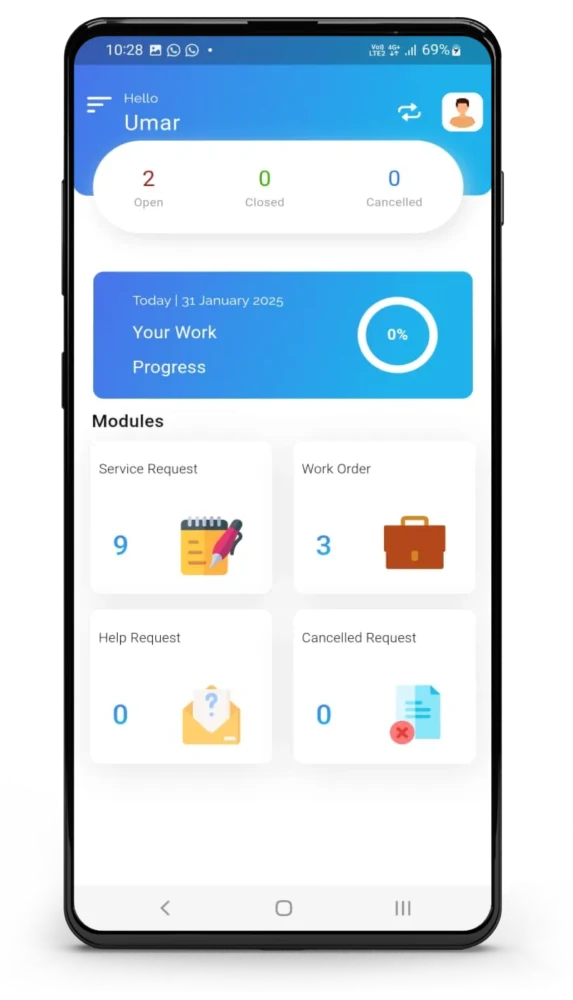 Technician mobile app for managing maintenance tasks, service requests and work order updates
