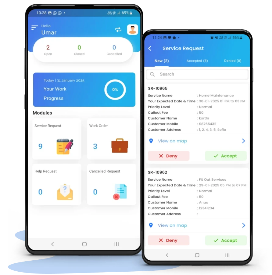 Technician app for managing work orders, accepting service requests and updating job status